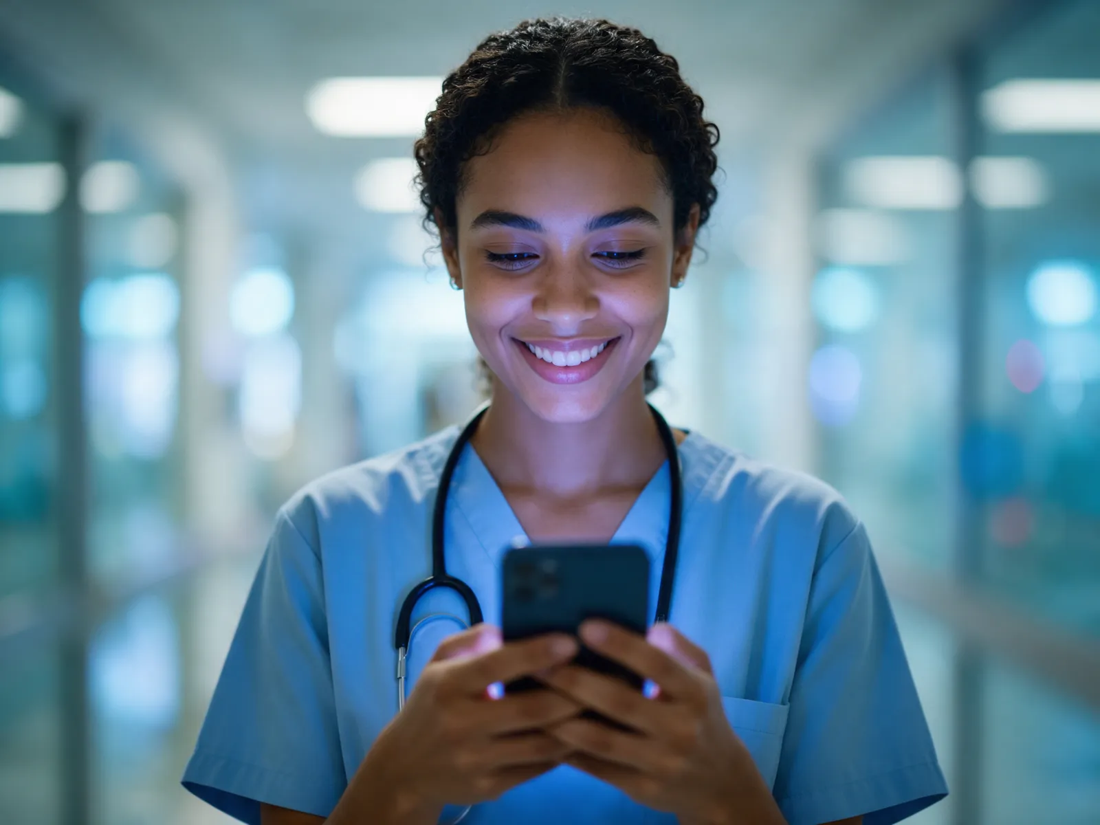 Profissional de saúde sorrindo enquanto usa o celular