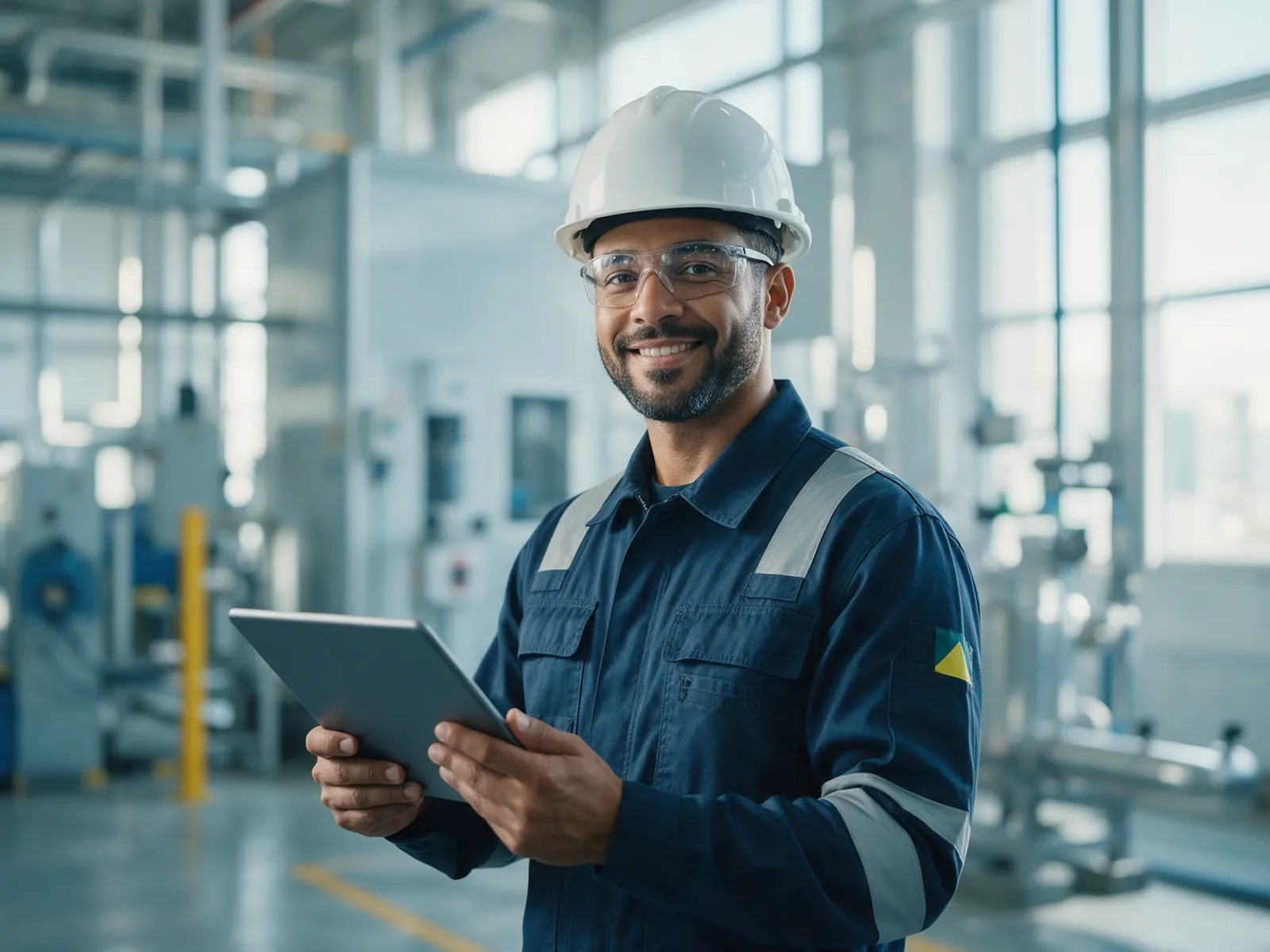 Técnico de segurança do trabalho com capacete e óculos de proteção segurando um tablet